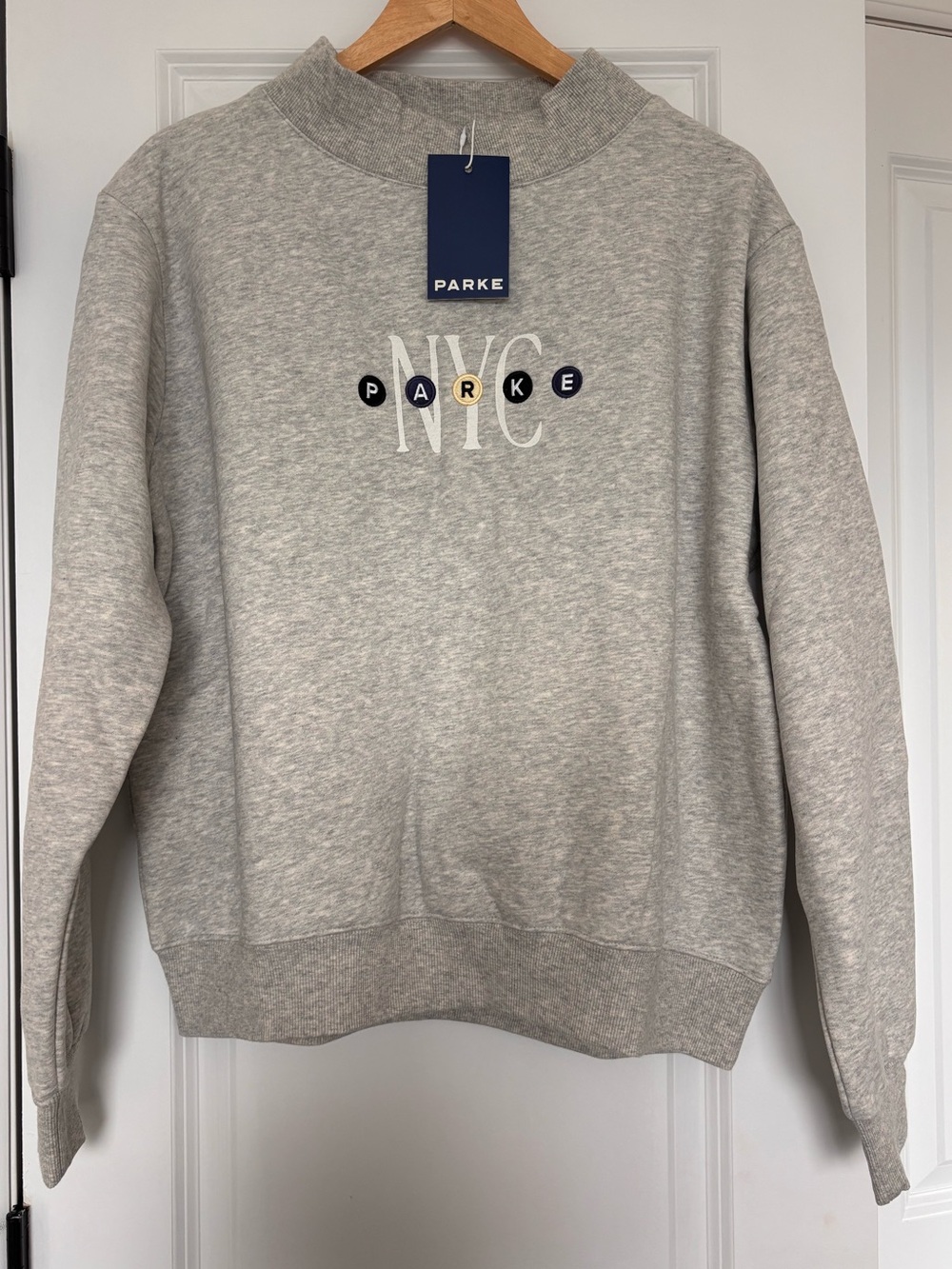 Parke NYC Pop Up Gray Subway Letters NYC Mockneck Sweatshirt S/M NEW 2026